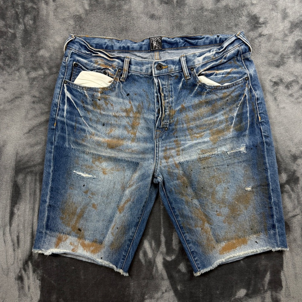 PRPS Denim Shorts Mens 36 Blue Paint Splatter Distressed Raw Hem Button Fly